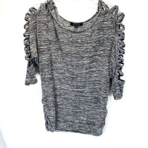 Heart Soul Top Womens Size Small Gray Stretch Strappy 3/4 Sleeves Puckered Waist